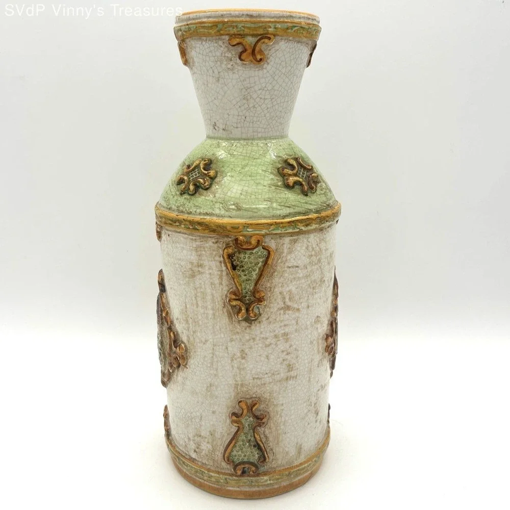 Vintage Italian Majolica Pottery Vase Hand Painted Crackle Glaze Figural Decor